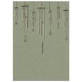 Seven finely drawn wind chimes hanging at varied heights against a textured sage green background.