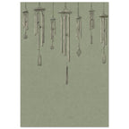 Seven finely drawn wind chimes hanging at varied heights against a textured sage green background.