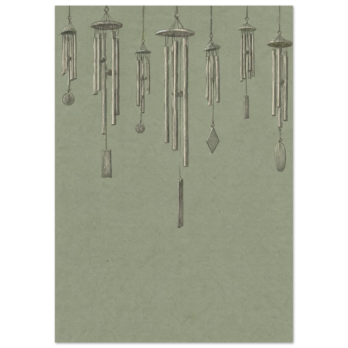 Seven finely drawn wind chimes hanging at varied heights against a textured sage green background.