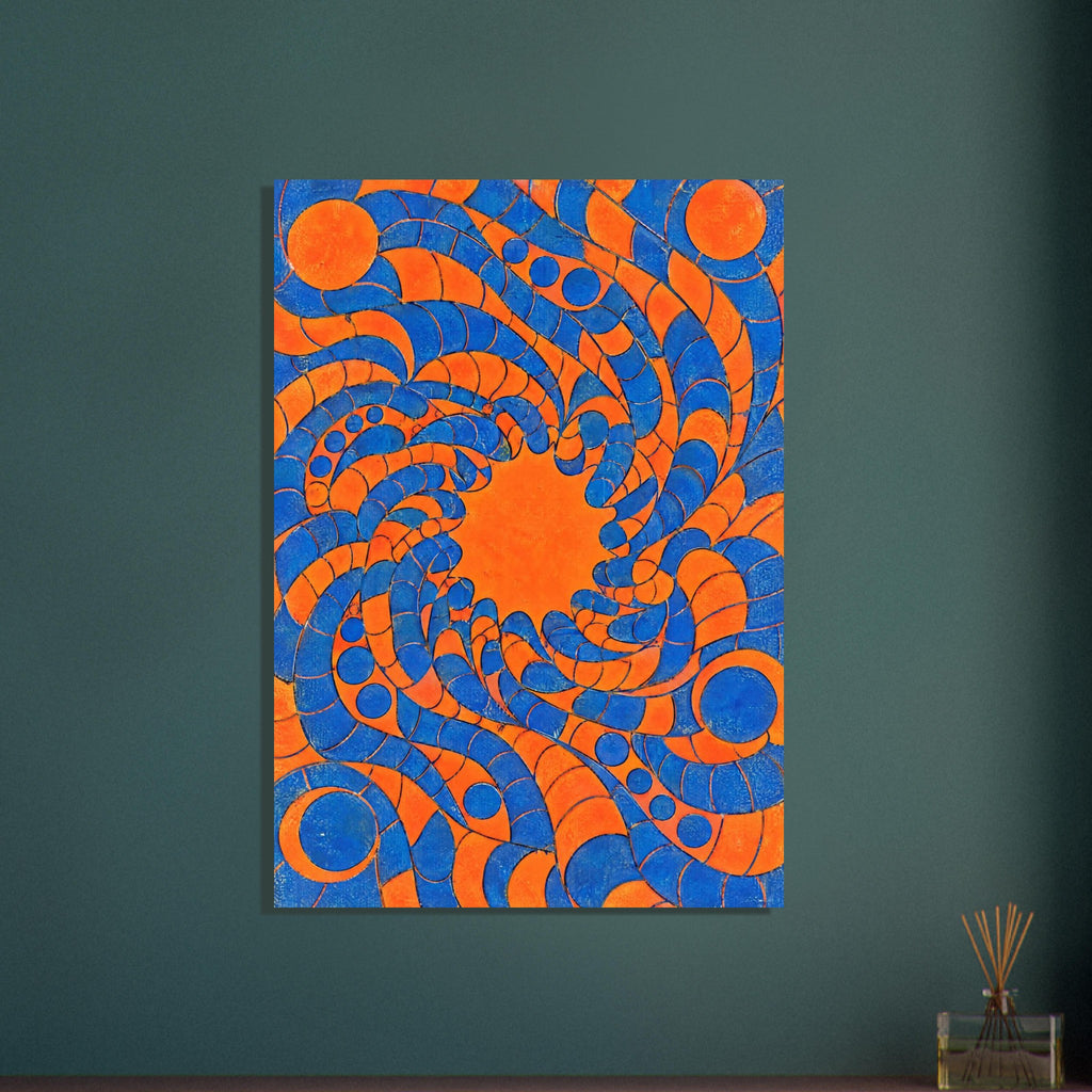 Blue and orange segmented ribbons and circles swirl around an orange centre, with fine dark outlines and mottled texture.