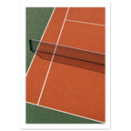 Tennis court viewed from above, with terracotta and green surfaces, white lines and a net casting a patterned shadow.