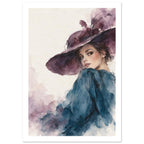 Woman looking over her shoulder in a wide purple hat and teal clothing, painted in watercolour on a cream background.
