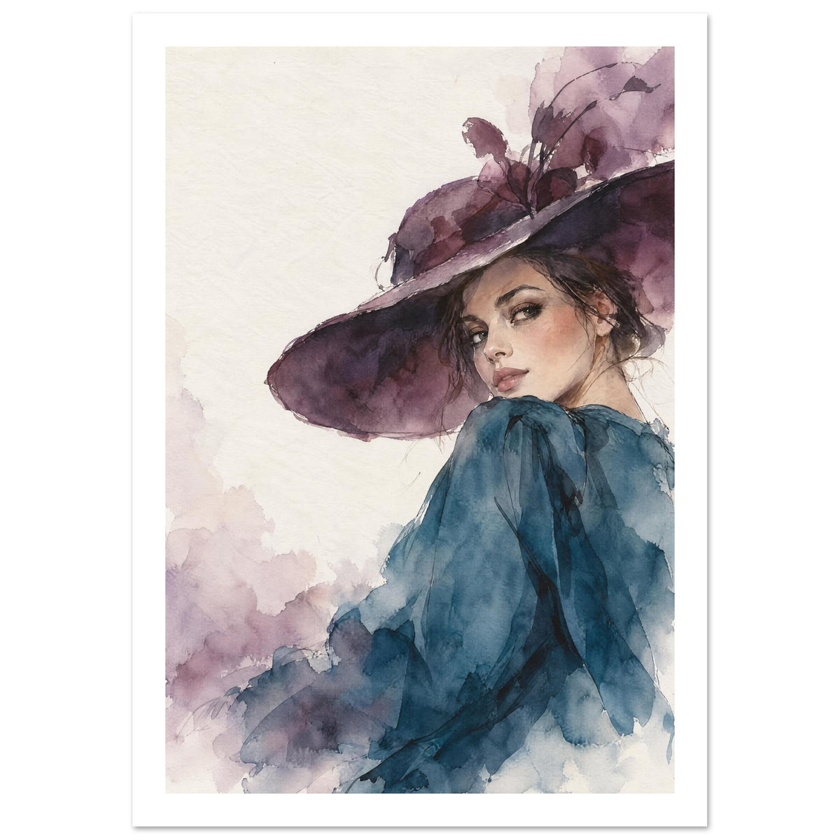 Woman looking over her shoulder in a wide purple hat and teal clothing, painted in watercolour on a cream background.