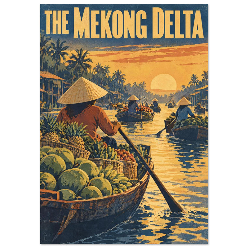 Mekong Delta Floating Market Retro Poster