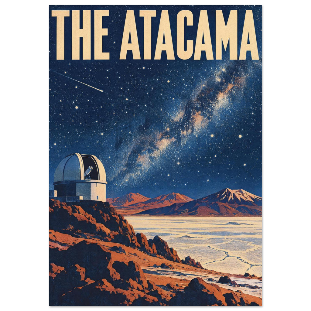 Atacama observatory above orange desert rocks and pale plains, beneath a star-filled blue sky and large cream lettering.