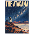 Atacama observatory above orange desert rocks and pale plains, beneath a star-filled blue sky and large cream lettering.
