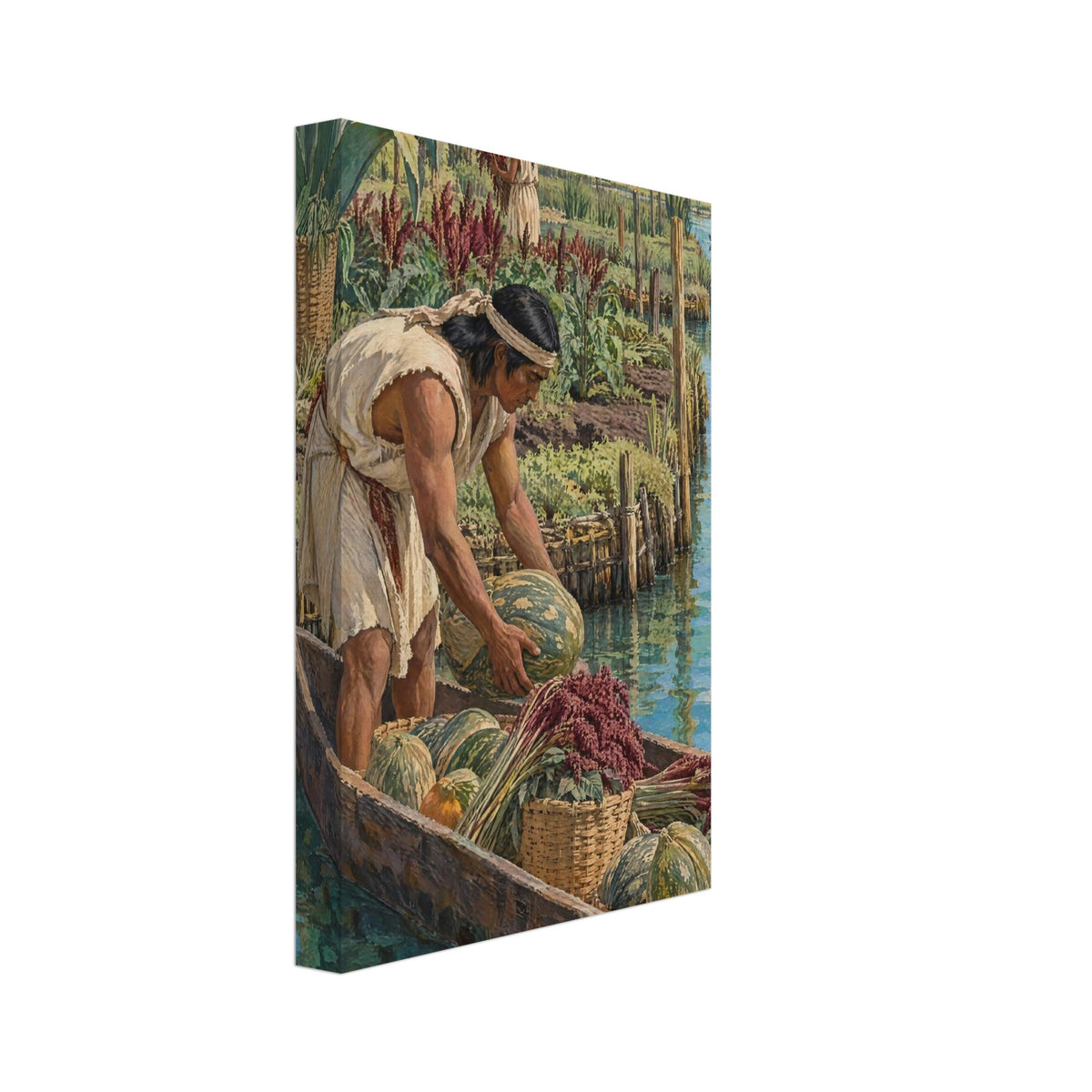 Figure loading squash into a canoe with baskets and red flowering stems beside planted banks, with mountains beyond.