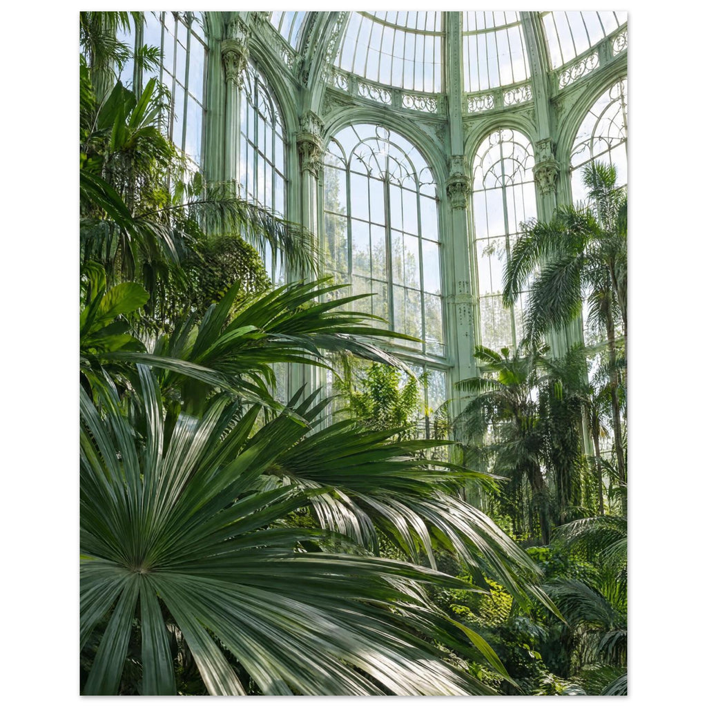 Lush palm fronds beneath tall arched windows and an ornate, pale green metal and glass roof in a sunlit glasshouse.