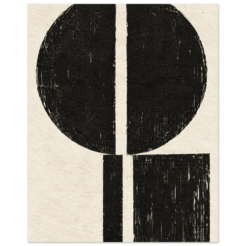 Distressed black circle above an offset black rectangle, both divided by narrow cream gaps, on a textured cream background.