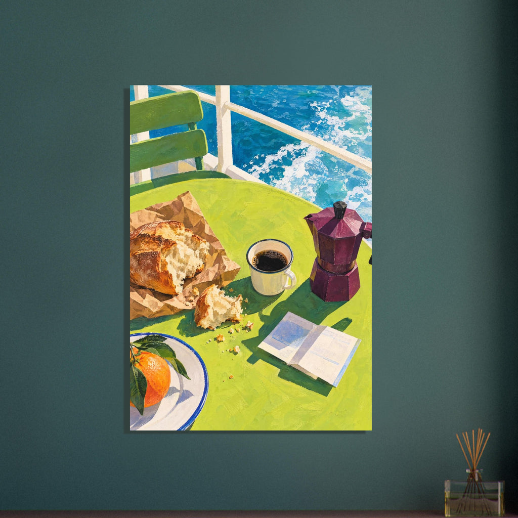 Seaside breakfast with bread, coffee, a plum moka pot, an orange and an open book on a green table beside blue water.