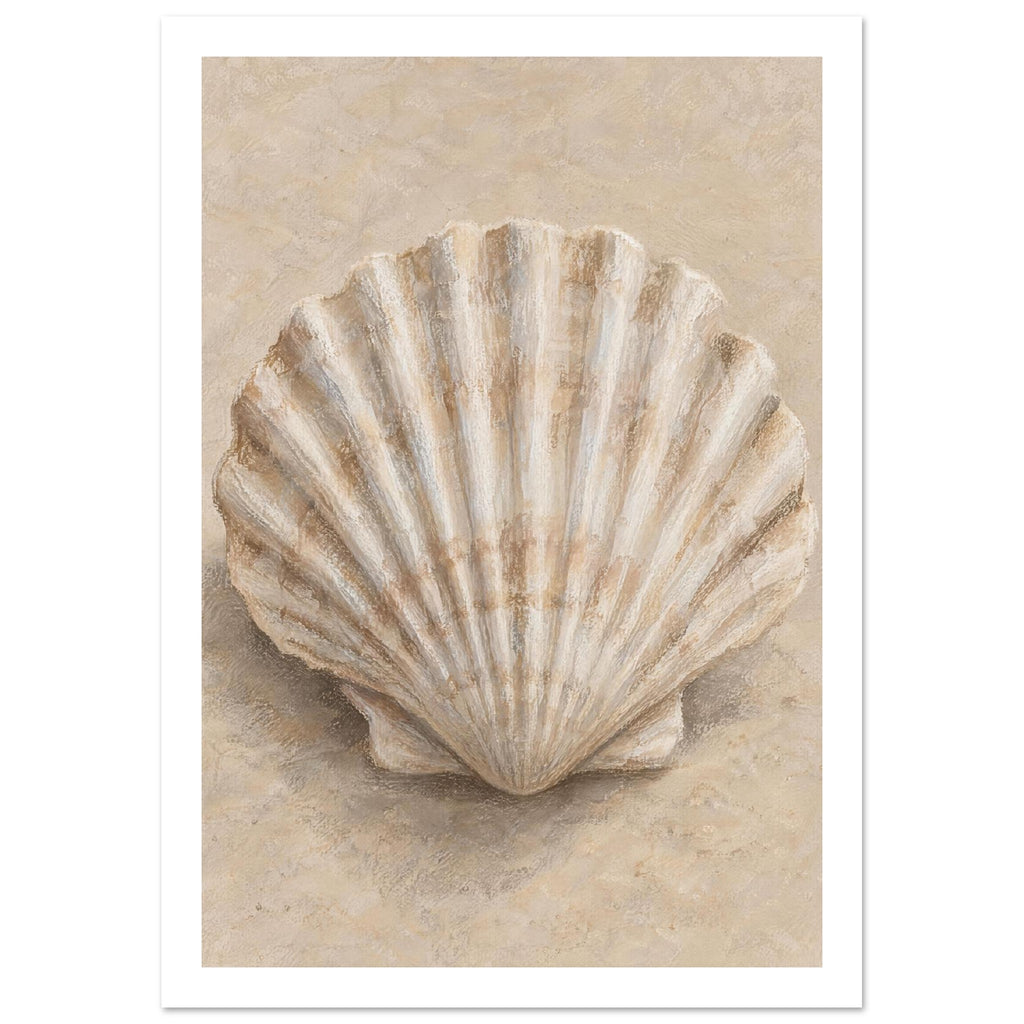 Fan-shaped scallop shell with cream ridges and brown shading on a softly textured beige background.