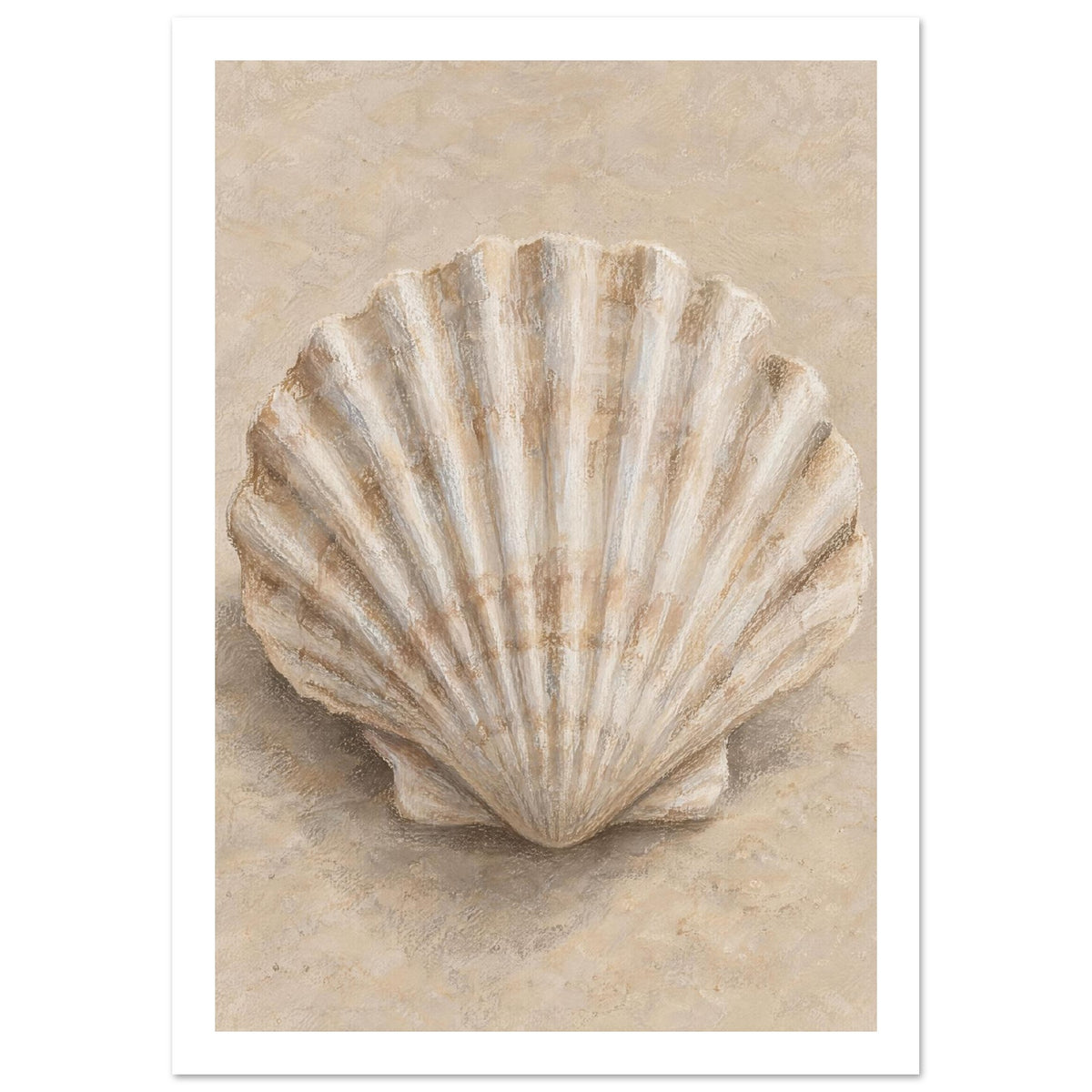 Fan-shaped scallop shell with cream ridges and brown shading on a softly textured beige background.