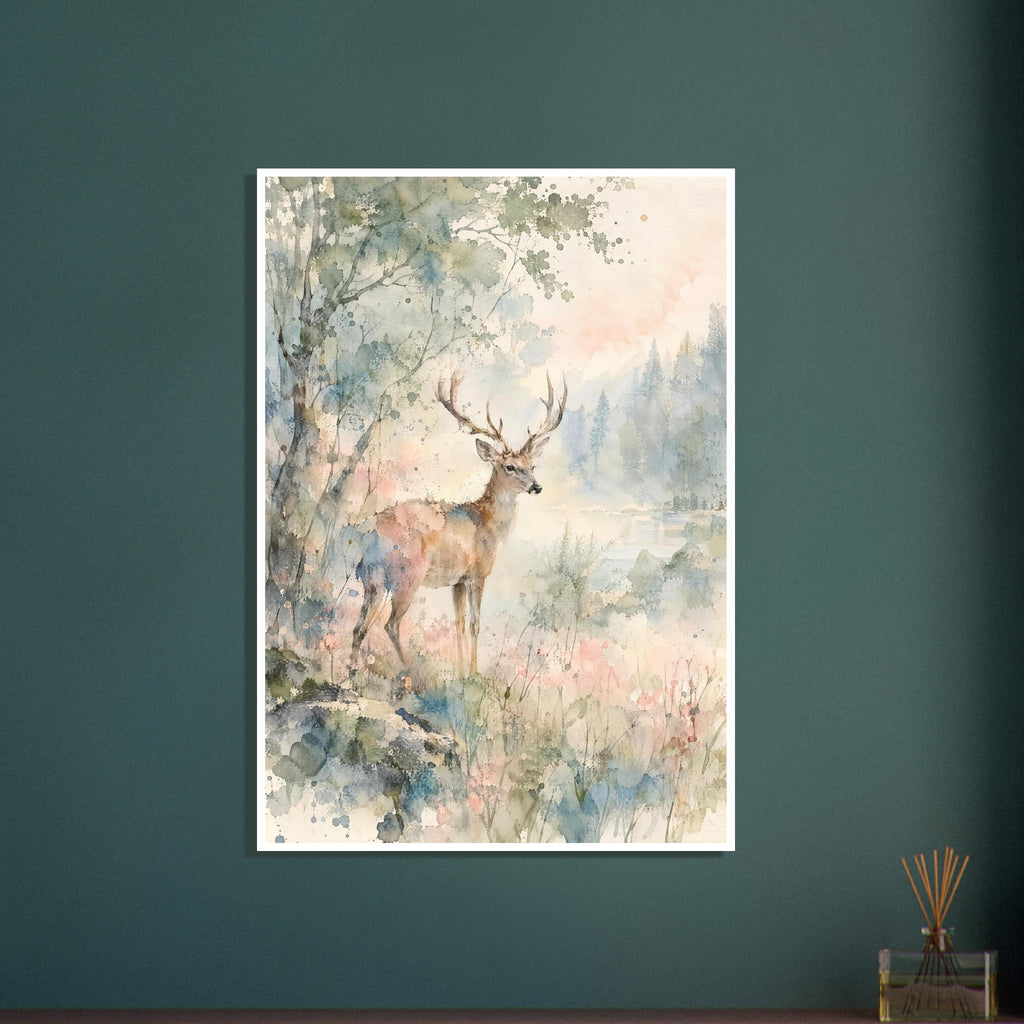 Antlered deer beside a tree and water, with misty conifers and loose watercolour washes of green, blue and pink.
