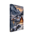 Snow-covered timber cabins with glowing windows beside a lake, backed by mountains and evergreen trees in watercolour.
