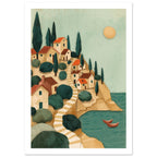 Coastal Village Retro Art Print – White Border
