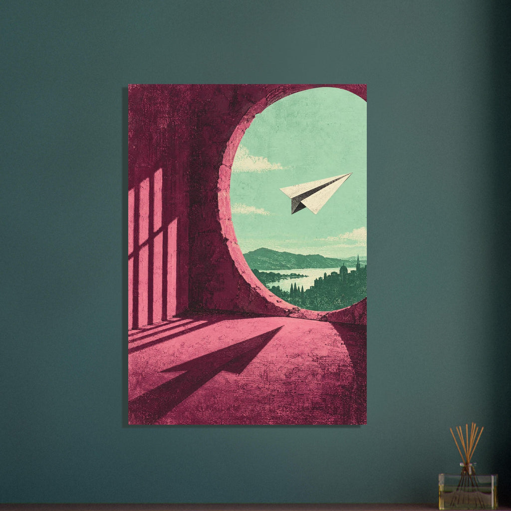 Paper plane floating in a circular opening above a distant skyline, with pink walls and a long plane-shaped shadow.