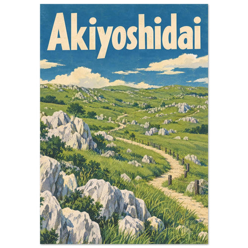 Akiyoshidai travel poster with cream lettering, green limestone hills and a winding fenced path beneath a blue sky.