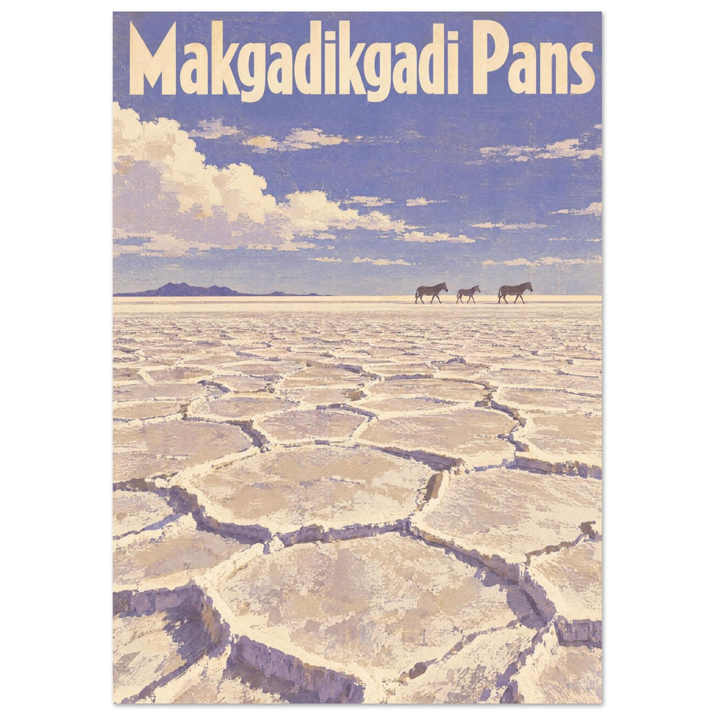 Makgadikgadi Pans poster with cracked salt flats, three zebras, a blue-purple sky and large cream lettering.