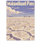 Makgadikgadi Pans poster with cracked salt flats, three zebras, a blue-purple sky and large cream lettering.