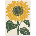 Yellow sunflower with a dark seed centre, green stem and three large leaves on a textured cream background.