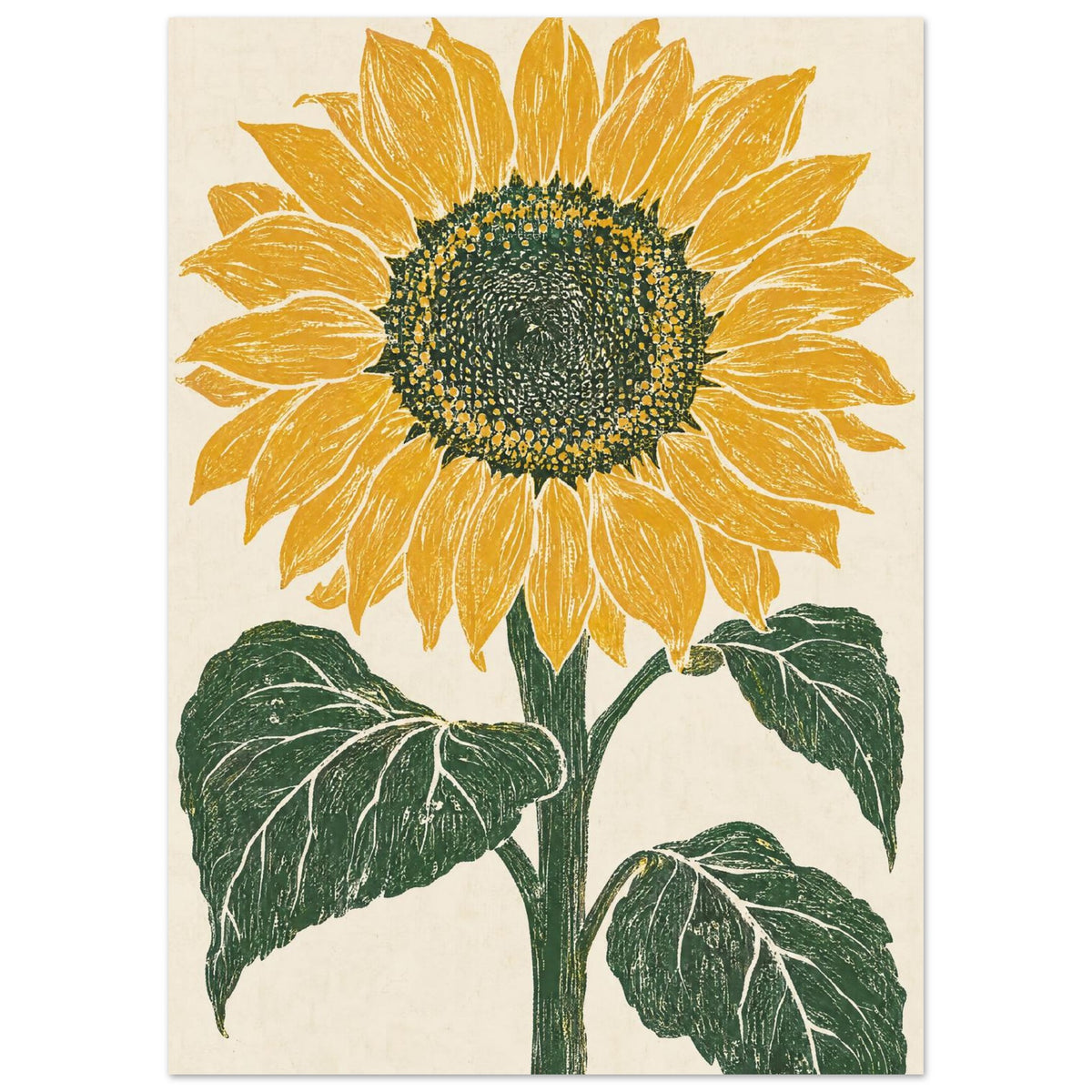 Yellow sunflower with a dark seed centre, green stem and three large leaves on a textured cream background.