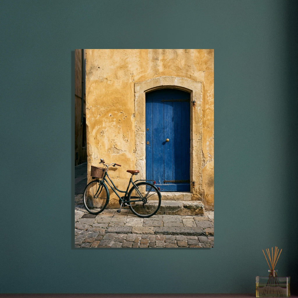 Green bicycle with a woven basket beside a blue wooden door in a golden plaster wall, above worn stone paving.