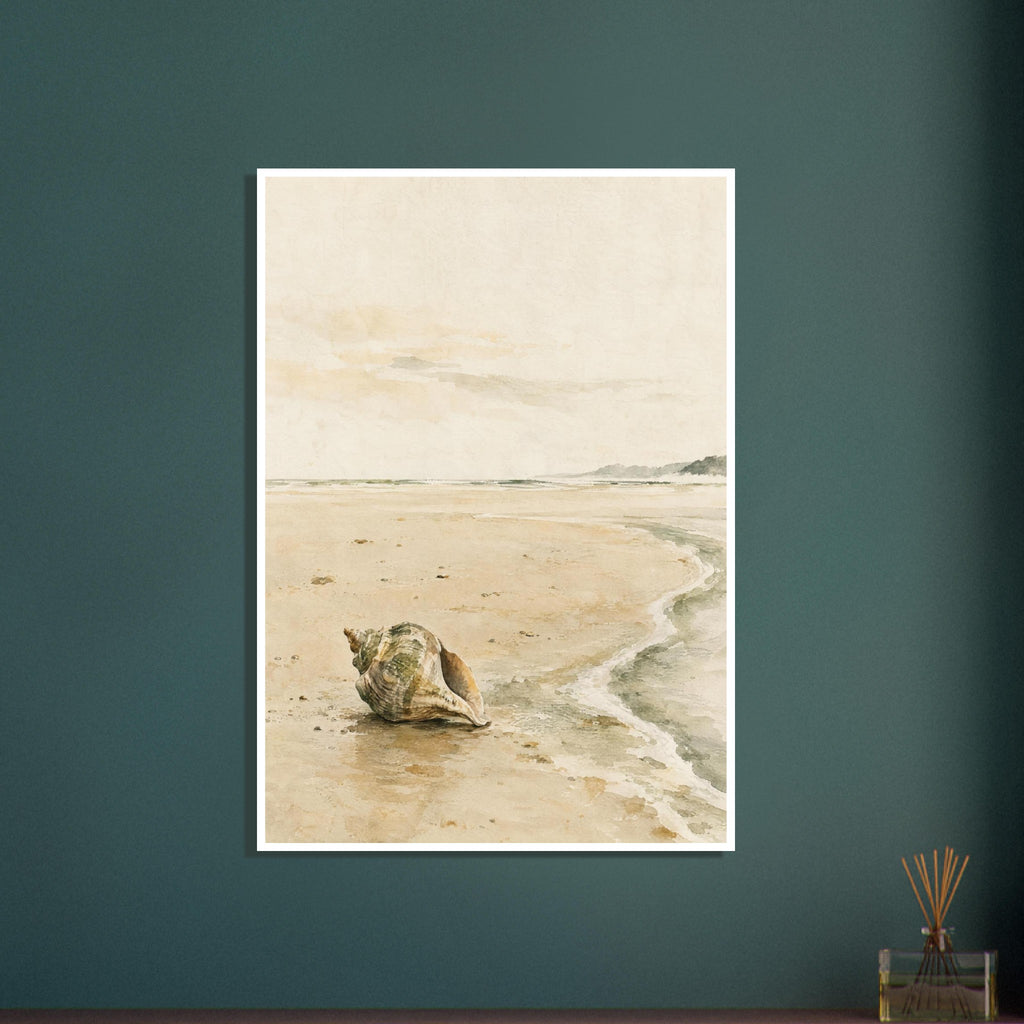 Ridged seashell on wet sand beside a curving foamy shoreline, with distant headlands beneath a pale cream sky.