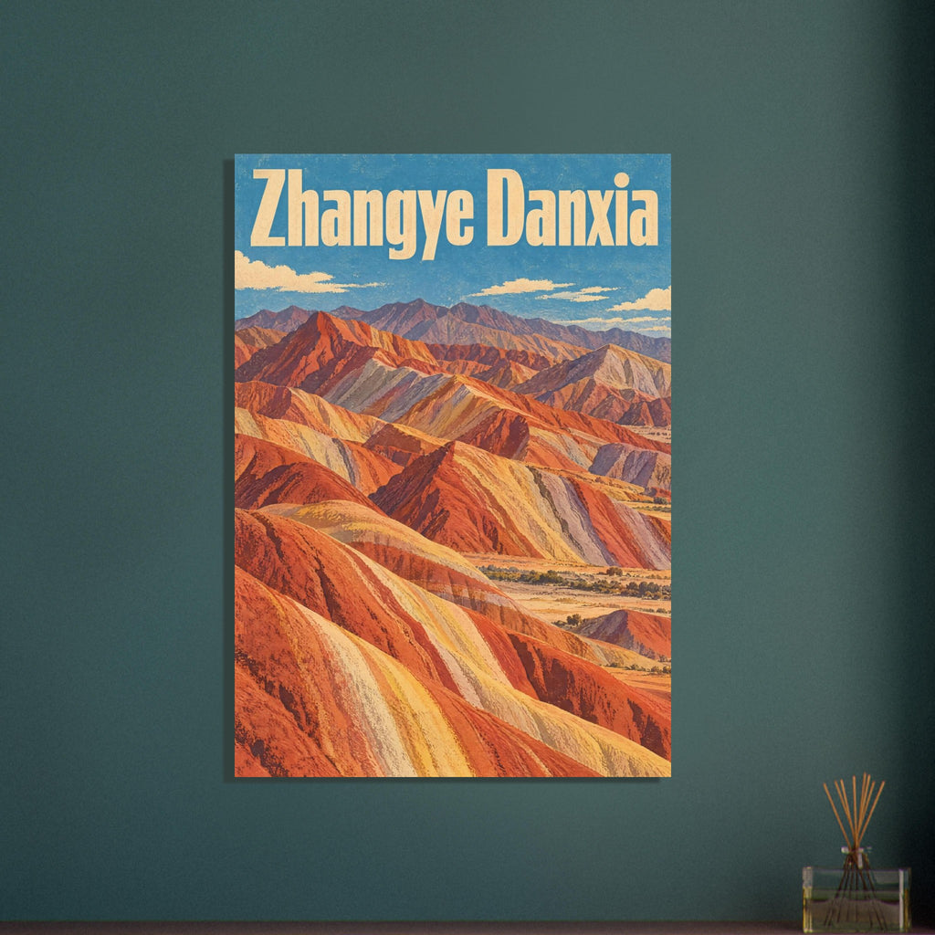 Striped orange, yellow and grey mountain ridges beneath a blue sky, with large cream Zhangye Danxia lettering.