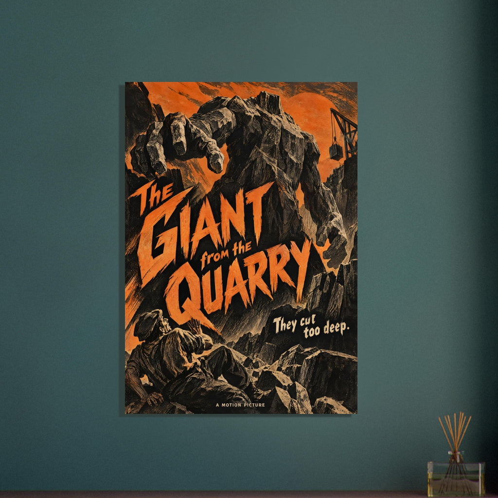 Stone giant looming over a fallen figure in a quarry, with orange horror lettering reading ‘The Giant from the Quarry’.