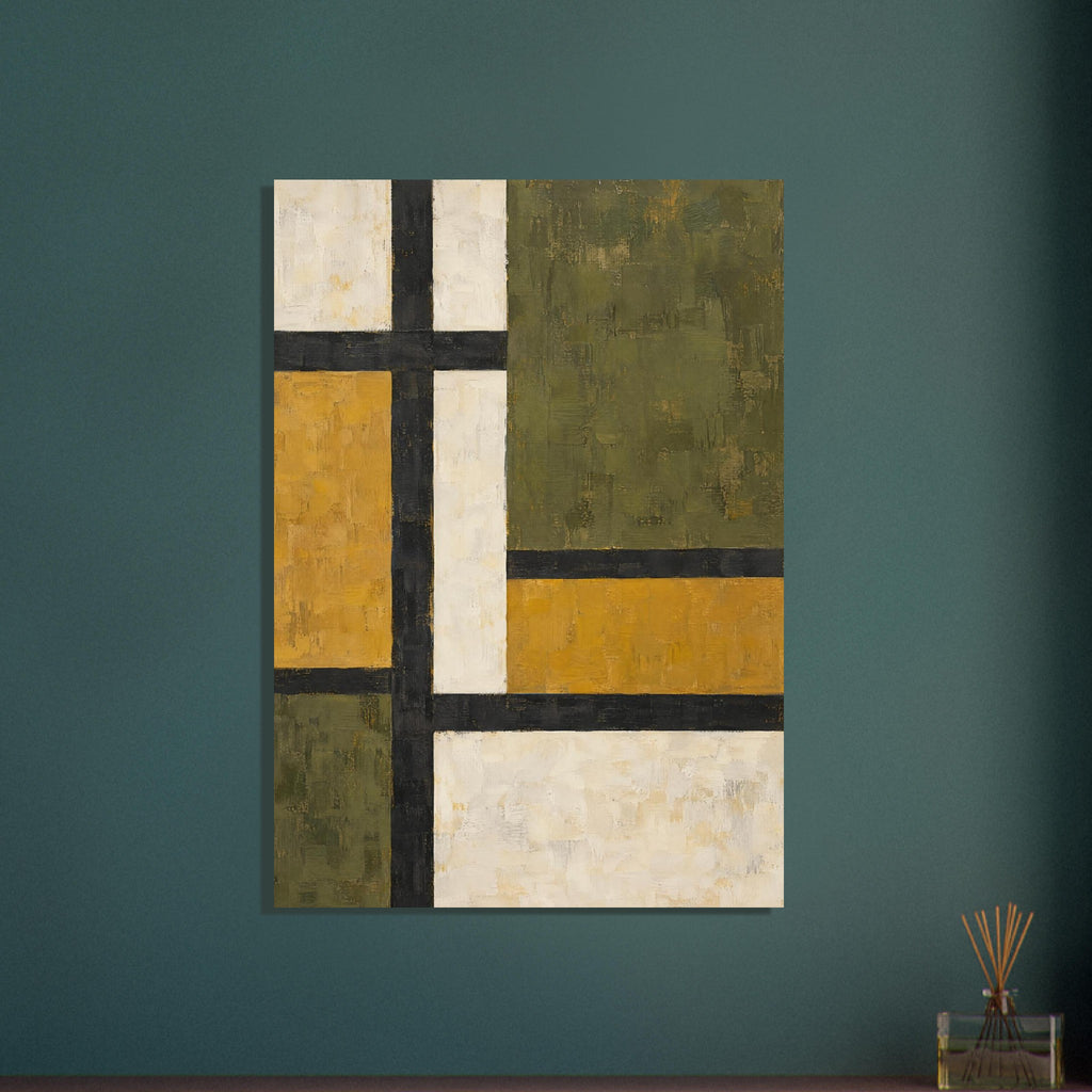 Geometric rectangles in olive green, mustard yellow and cream, divided by thick black bands with visible brush marks.