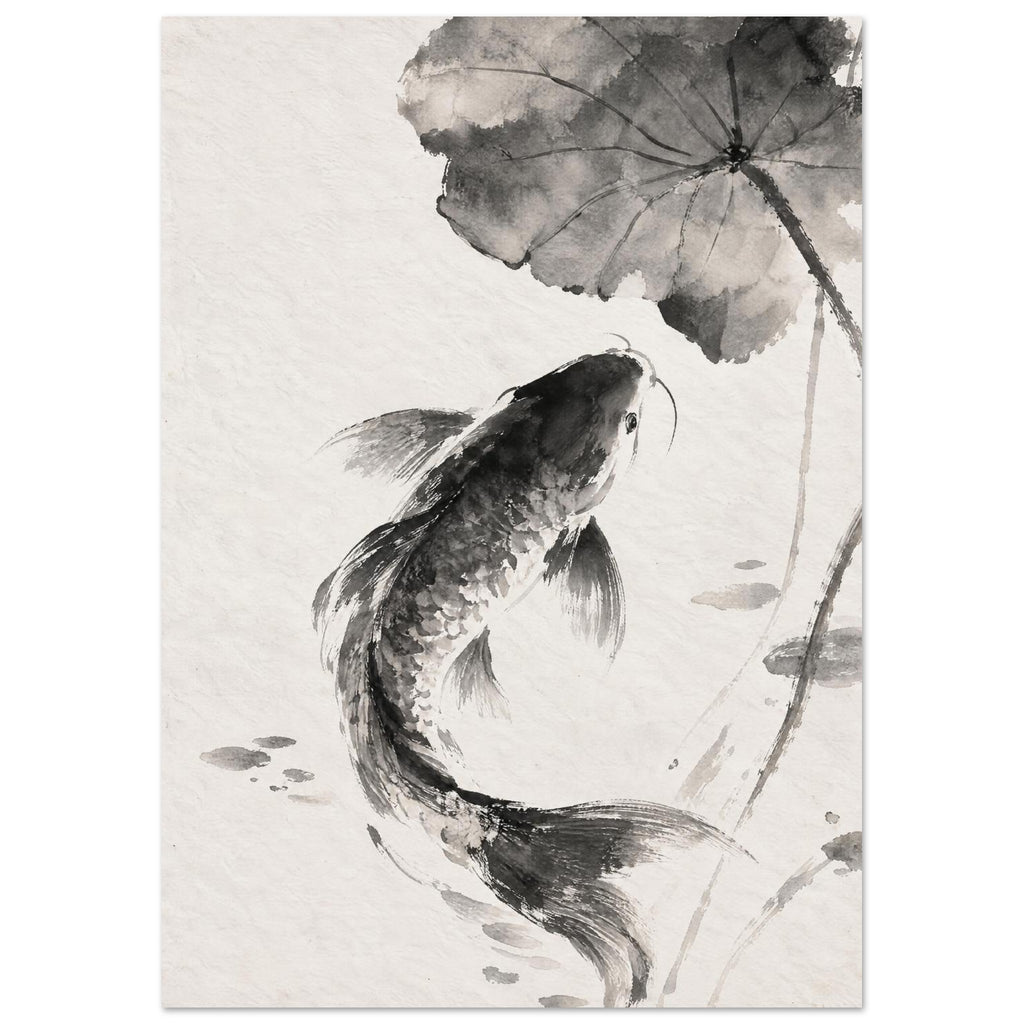 Carp with flowing fins curves beneath a broad veined leaf, rendered in black and grey washes on a warm ivory background.