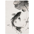 Carp with flowing fins curves beneath a broad veined leaf, rendered in black and grey washes on a warm ivory background.