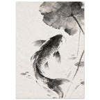 Carp with flowing fins curves beneath a broad veined leaf, rendered in black and grey washes on a warm ivory background.