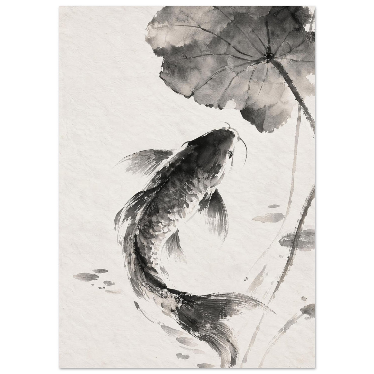 Carp with flowing fins curves beneath a broad veined leaf, rendered in black and grey washes on a warm ivory background.