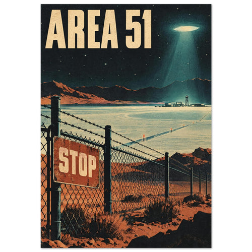 Area 51 poster with a glowing UFO above a desert, distant mountains, barbed-wire fence and a red STOP sign.