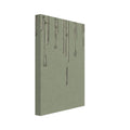 Seven finely drawn wind chimes hanging at varied heights against a textured sage green background.
