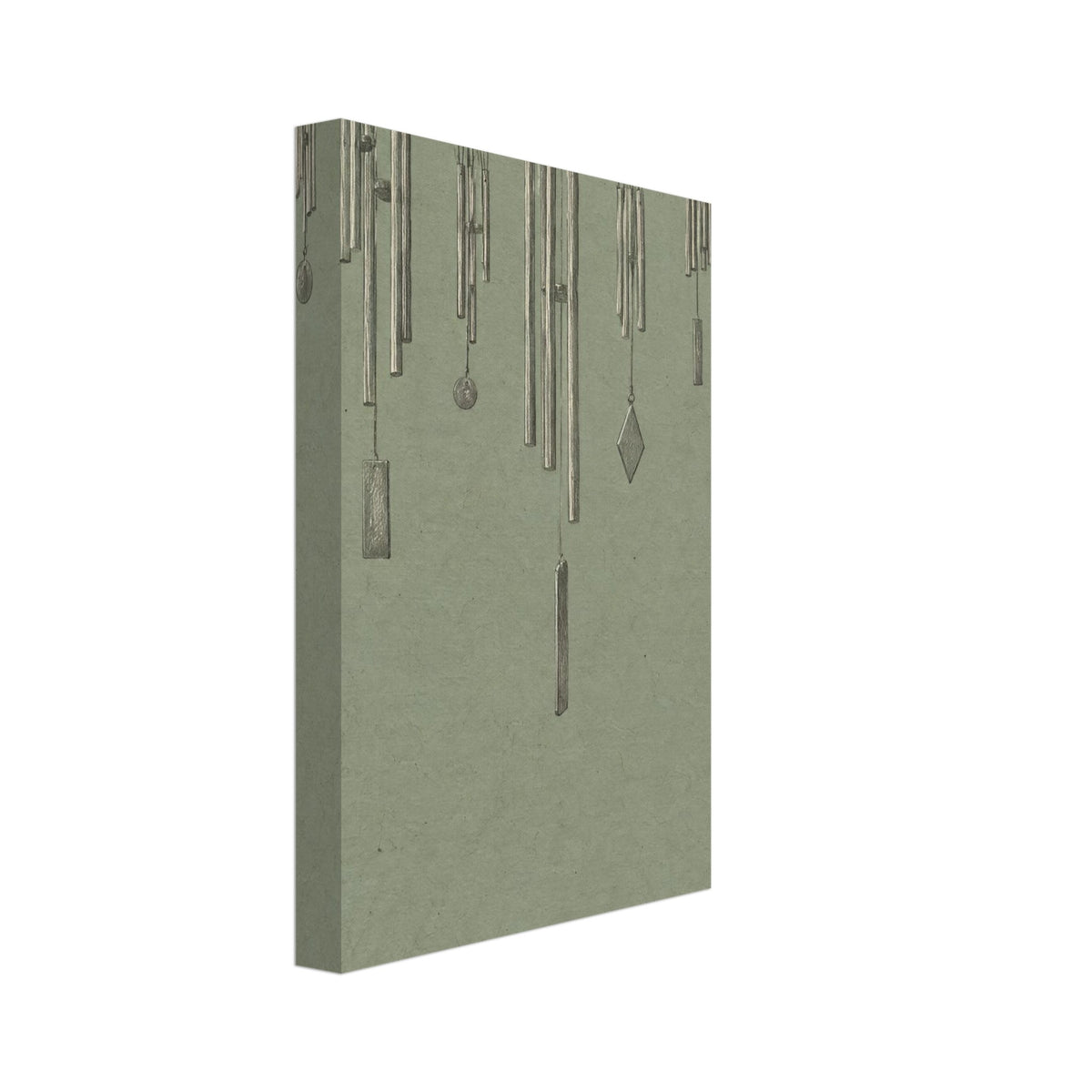 Seven finely drawn wind chimes hanging at varied heights against a textured sage green background.
