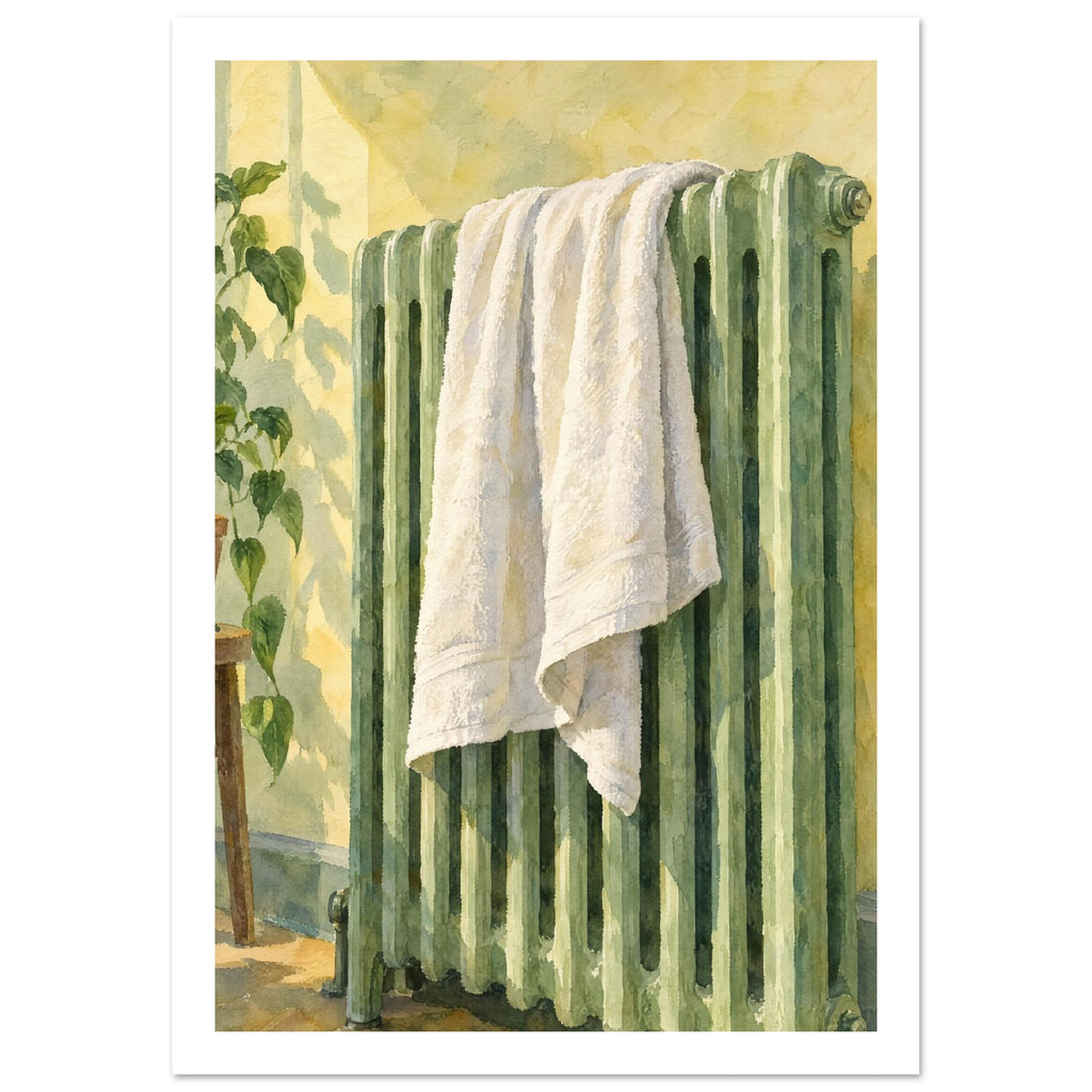White towel draped over a green ribbed radiator against a yellow wall, with a leafy plant and soft shadows.