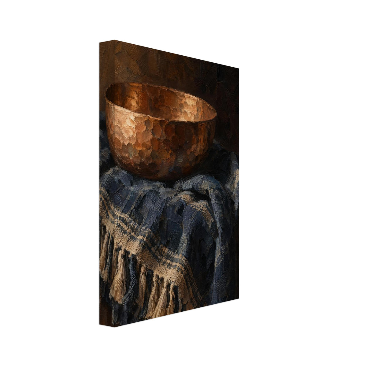Hammered copper bowl on folded indigo cloth with cream stripes and tassels, painted against a dark brown background.