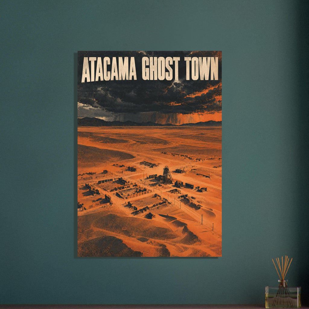 Atacama Ghost Town lettering above orange desert ruins and a skeletal tower beneath dark storm clouds.