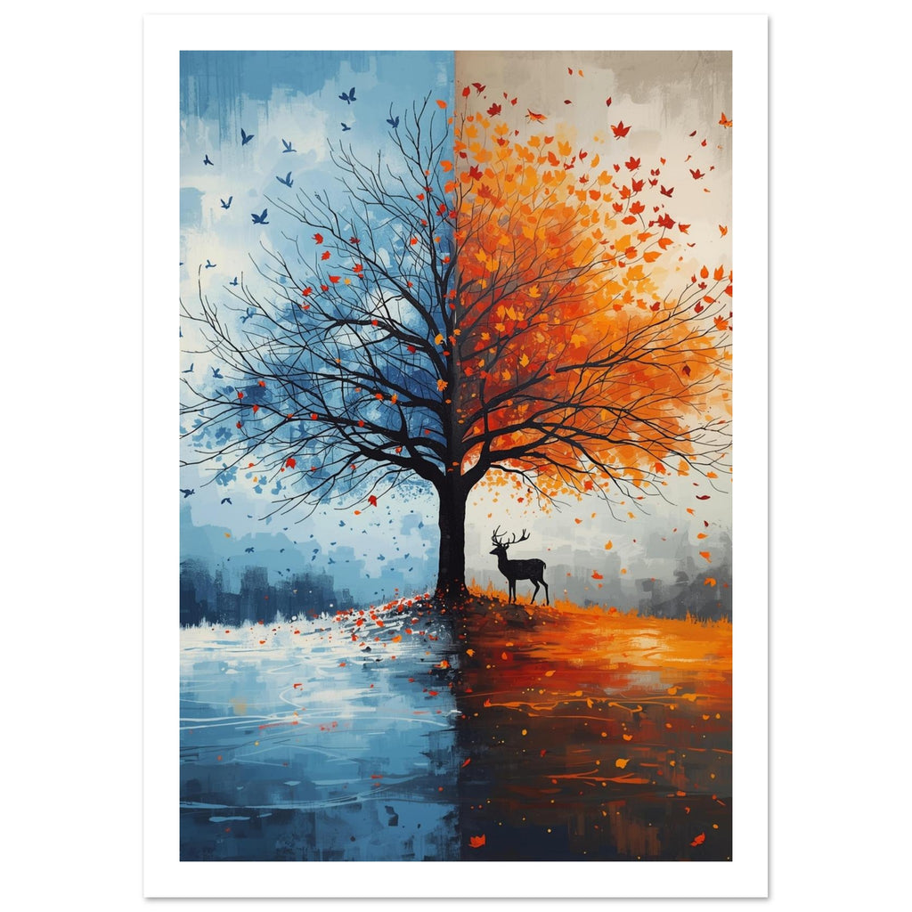 Tree divided between icy blue winter and orange autumn foliage, with flying birds, a stag and reflections below.