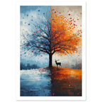Tree divided between icy blue winter and orange autumn foliage, with flying birds, a stag and reflections below.
