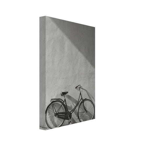 Bicycle leaning against a textured wall, with diagonal sunlight and long shadows across the wall and pavement.