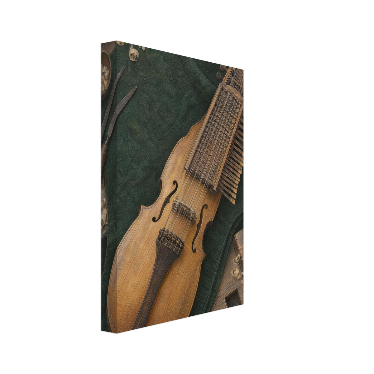 Wooden nyckelharpa on dark green cloth, surrounded by woodworking tools and curled wood shavings on a workbench.