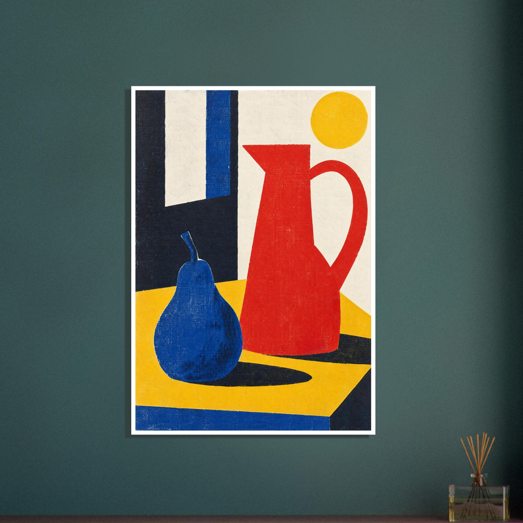 Blue pear and tall red jug on a yellow table, with dark shadows, a cream background and a yellow circle above.