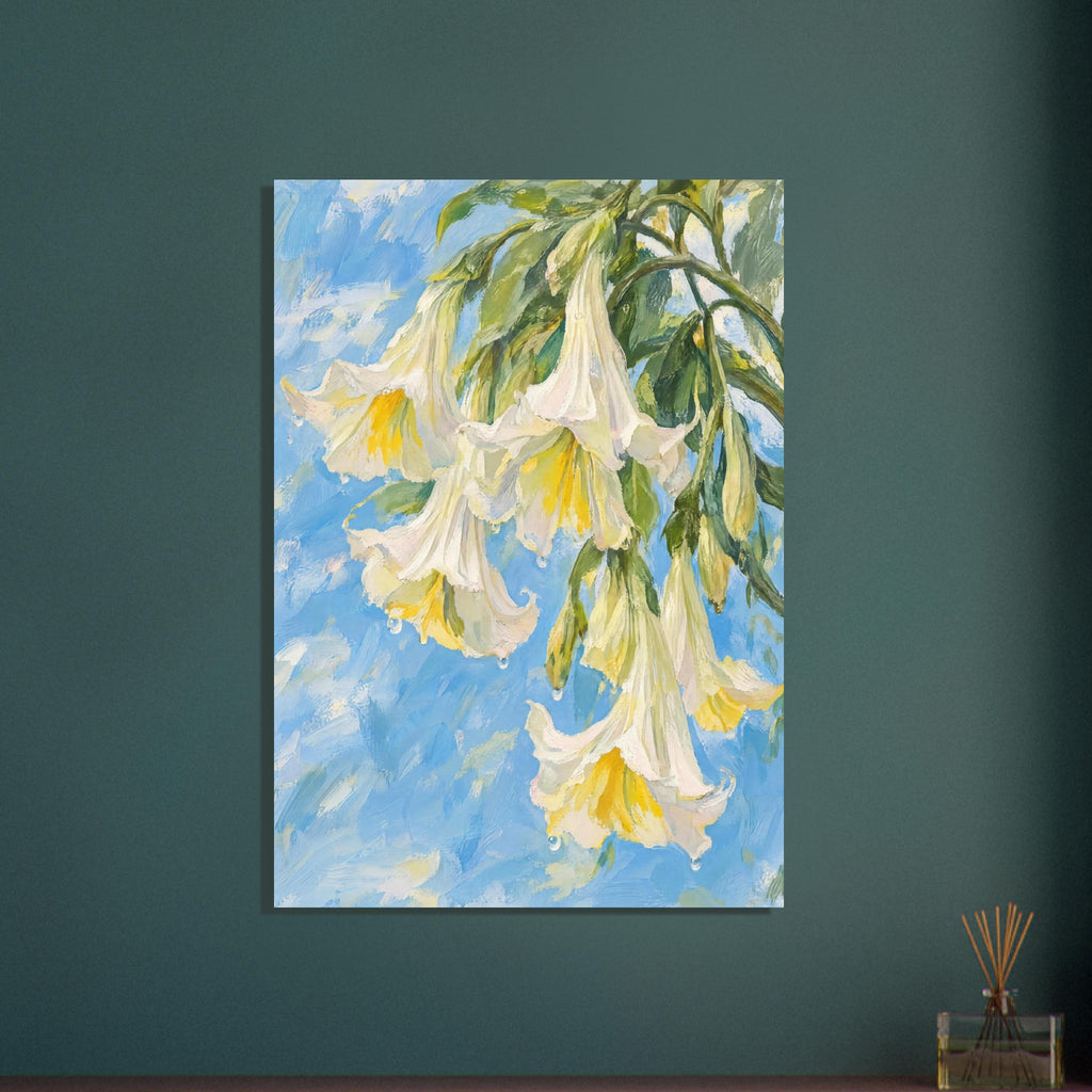 White trumpet-shaped flowers with yellow centres and droplets, surrounded by green leaves on a brushy blue background.