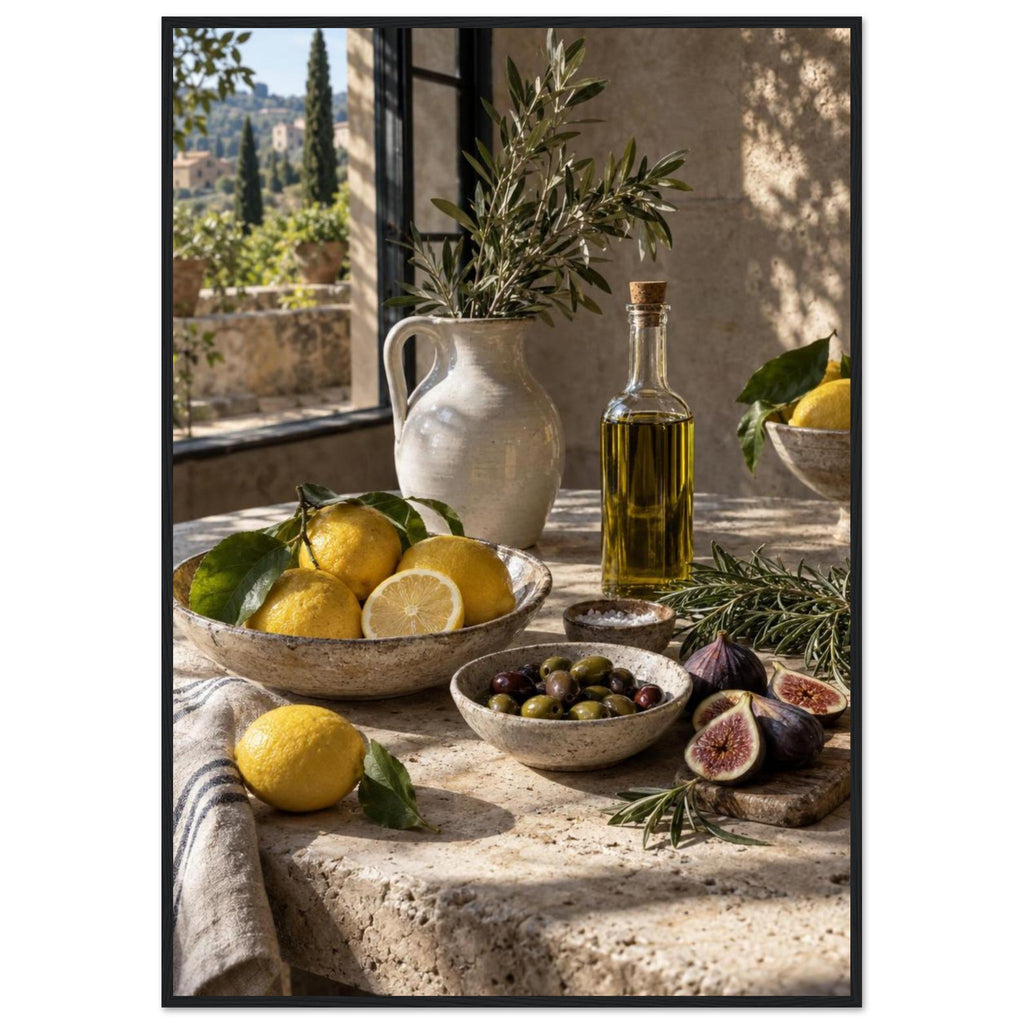 Lemons, olives, figs and a bottle of oil on a stone table beside a ceramic jug of leafy branches and a sunlit window.