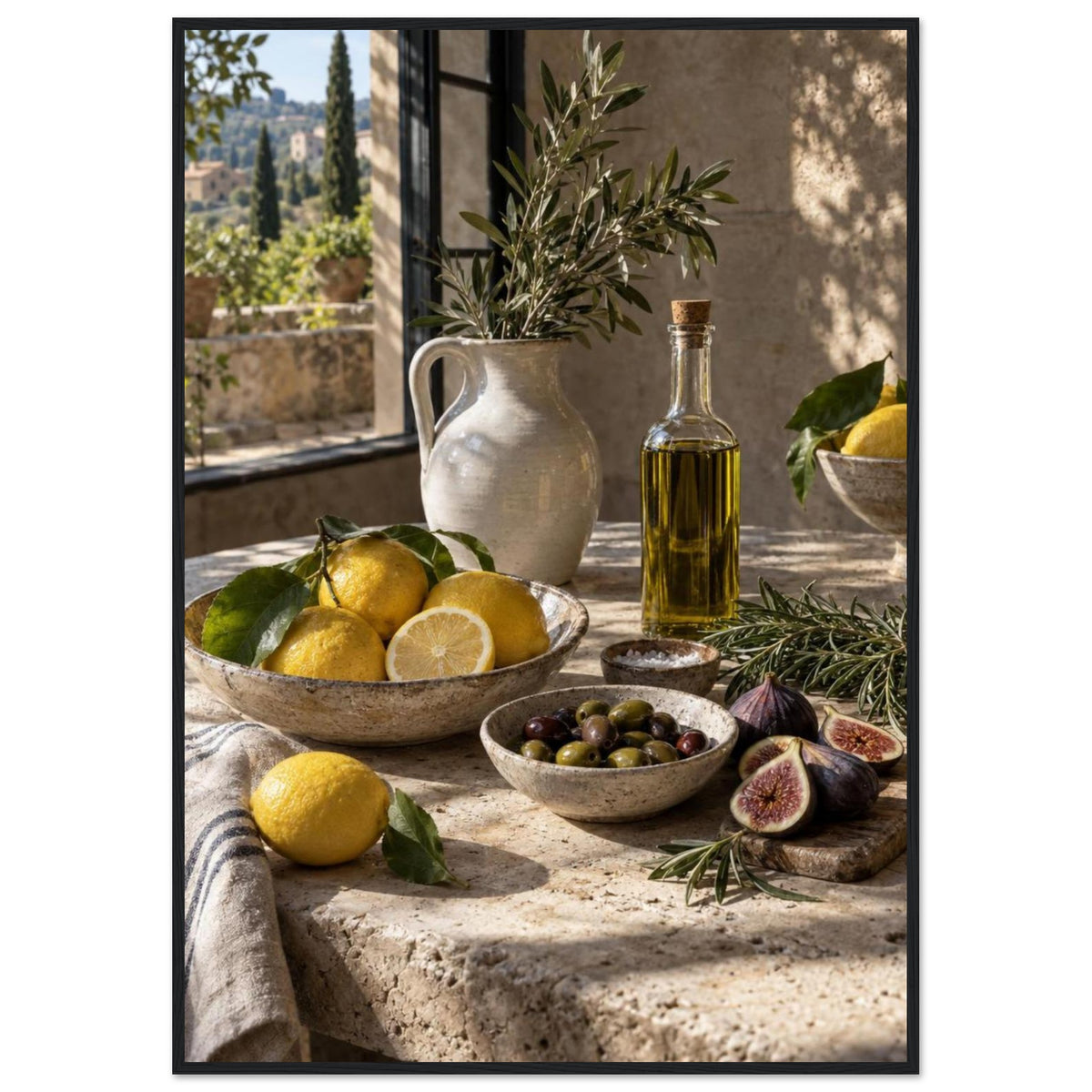 Lemons, olives, figs and a bottle of oil on a stone table beside a ceramic jug of leafy branches and a sunlit window.