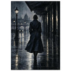 Raincoat at Midnight, a rear-view figure in a long raincoat under an awning, outlined above wet pavement in navy and charcoal