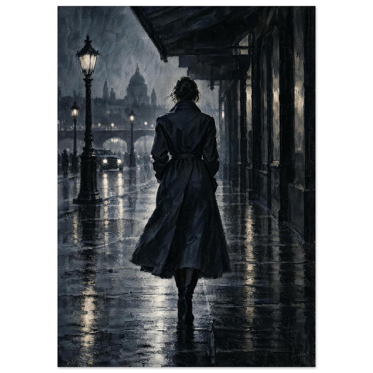 Raincoat at Midnight, a rear-view figure in a long raincoat under an awning, outlined above wet pavement in navy and charcoal
